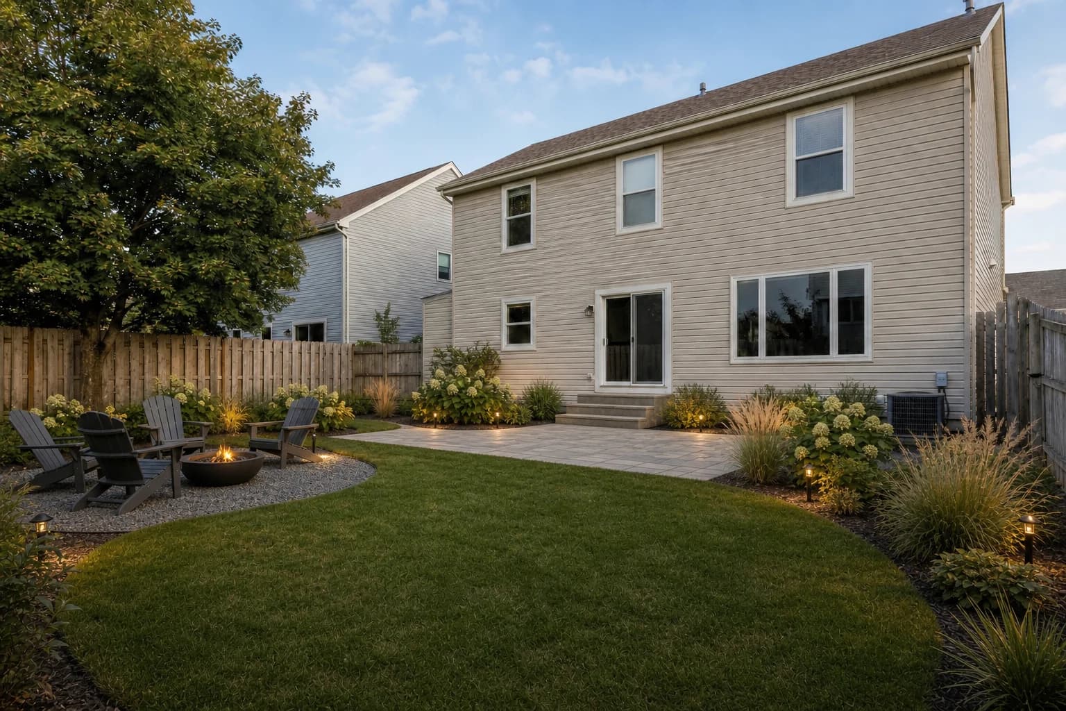 AI backyard design with a lawn, patio, planting, and outdoor seating