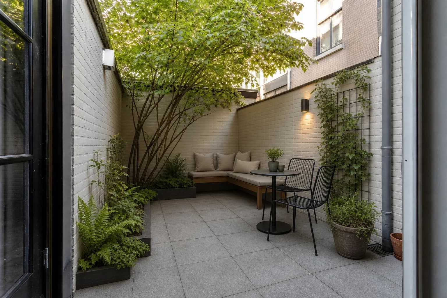 AI landscape design with planting, pathways, hardscaping, and garden beds