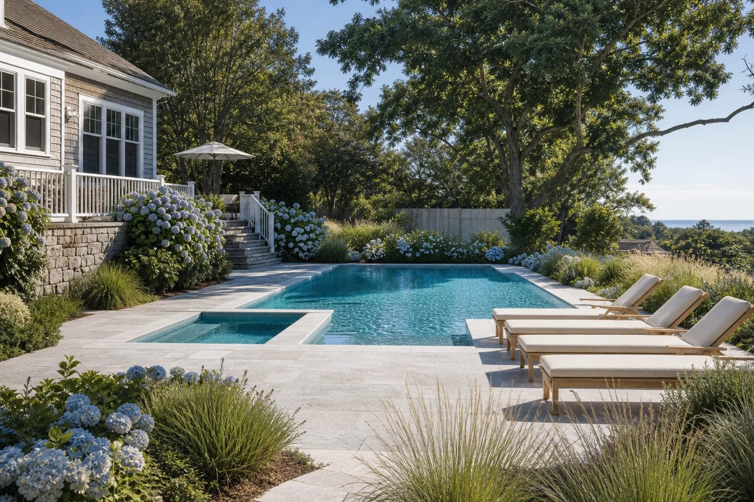 Pool landscape design with planting, seating, and privacy