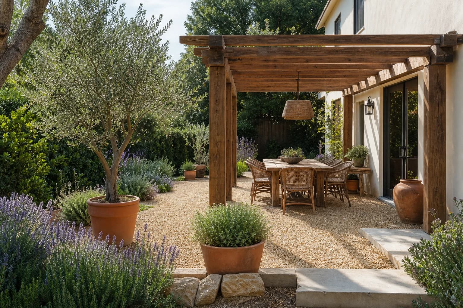 Patio and courtyard design with paving, dining seating, and planters