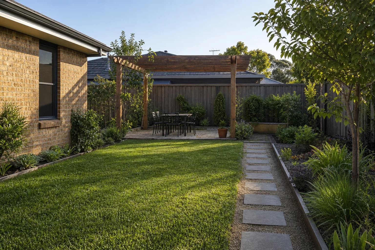 A landscaped backyard with a path and outdoor seating