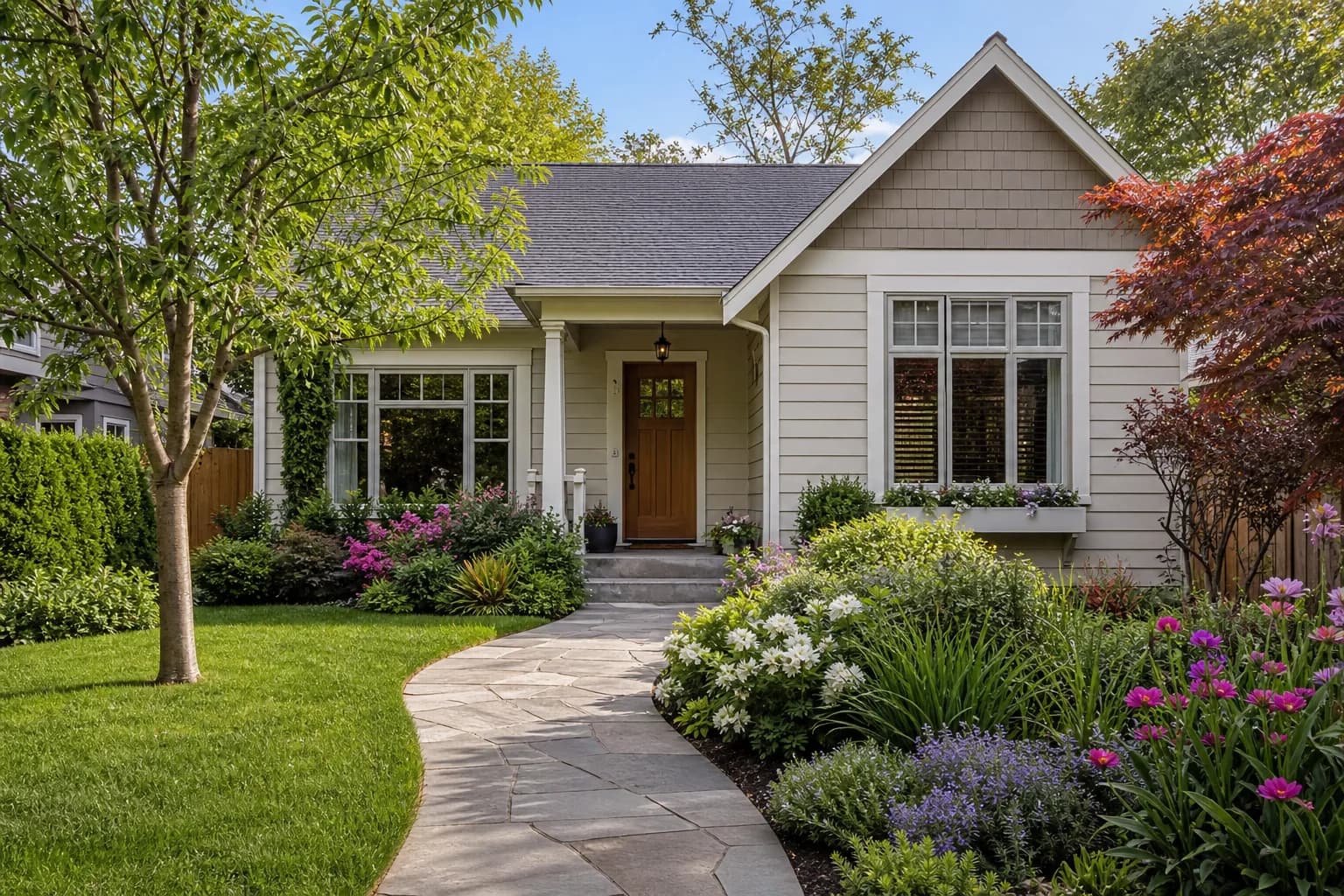 A planted front yard framing a suburban home